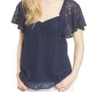 Hinge Navy Blue Lace Sweetheart Neckline Flutter Sleeve Top Size XXS